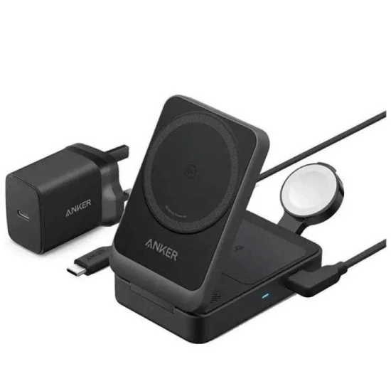 Anker MagGo Wireless Charging Station (15W, Foldable 3-in-1) - Black